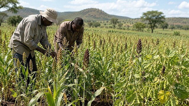 Two African farmers inspect crops in a diverse agricultural field with sorghum and legume plants, surrounded by green farmland and rolling hills under a bright sky. The image illustrates climate-resilient agriculture and crop innovation in Africa. AI-generated image.